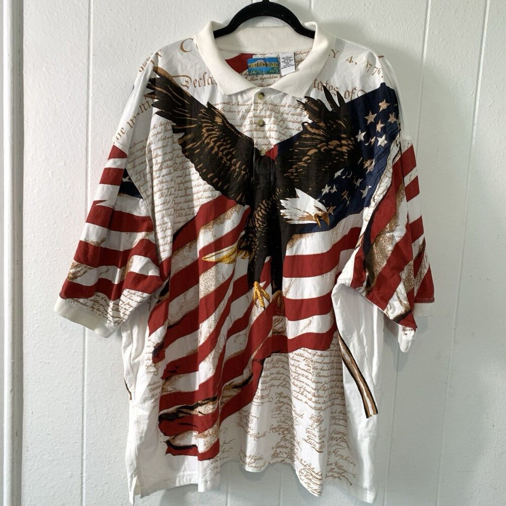 Vtg Timber Ridge Traders Mens 4XL Polo Shirt Eagle American Flag July 4th